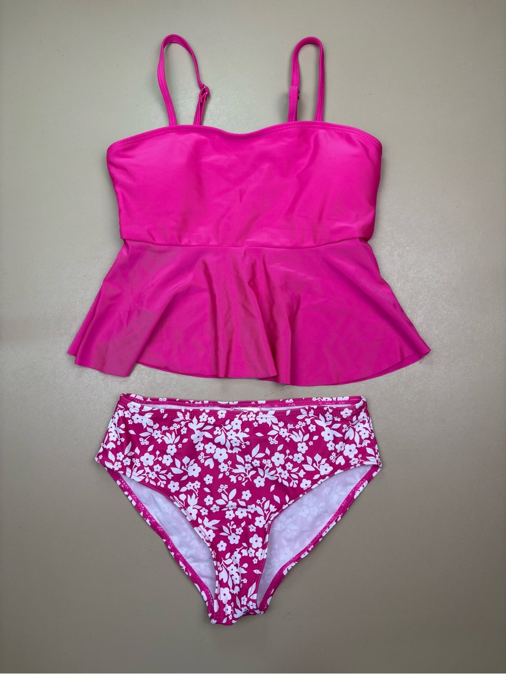 Girls Pink Floral Tankini Swimsuit Set 10Y Peplum Swimwear NWOT